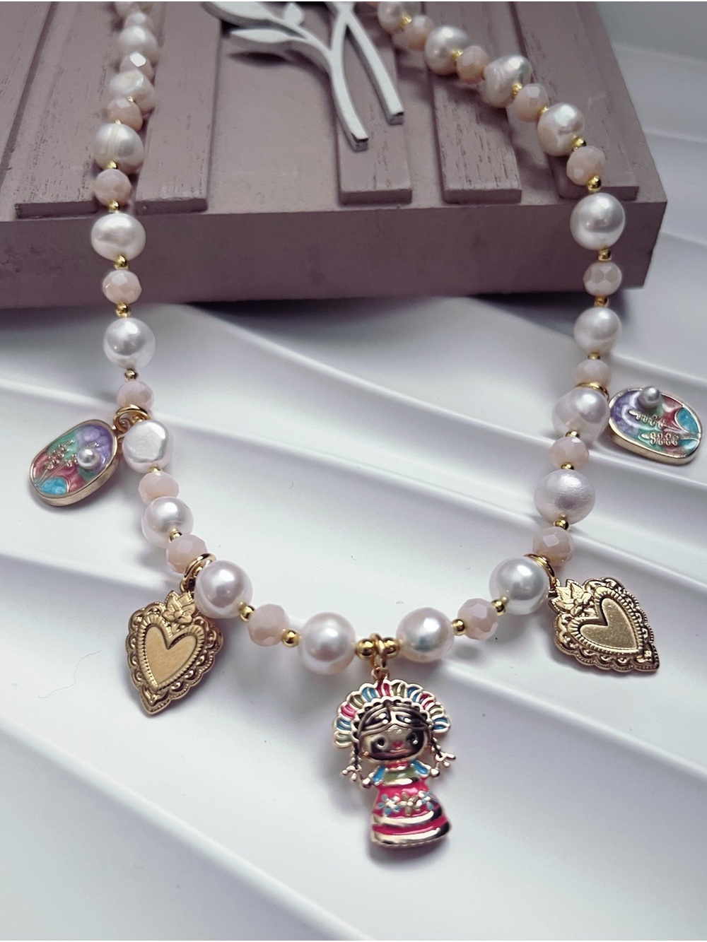 Gold and White Pearl Necklace with Colorful Lele Mexican Doll
